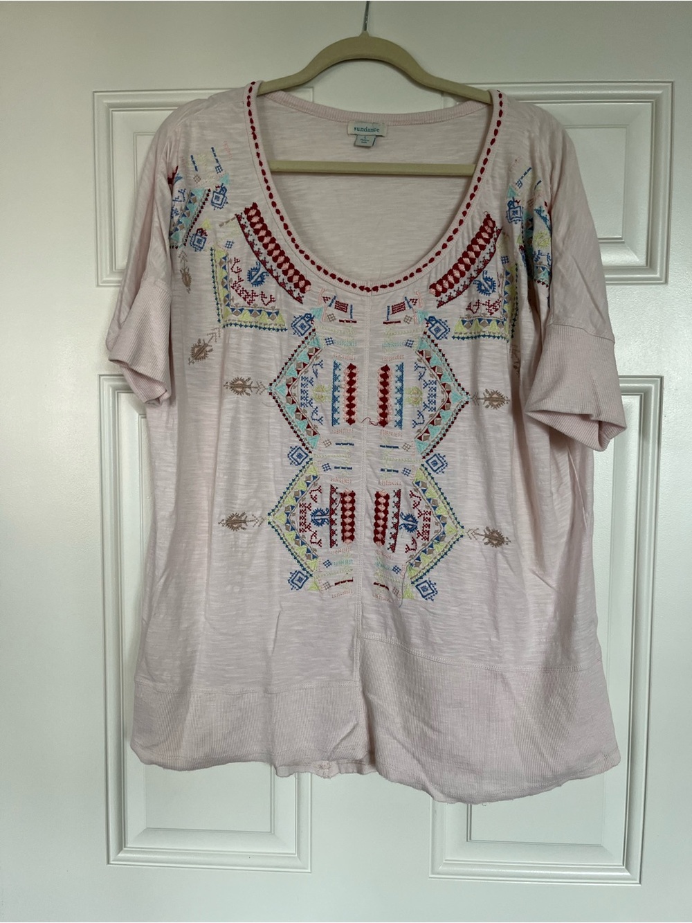 Sundance Light Pink Scoop Neck Tee with Multicolor Embroidery